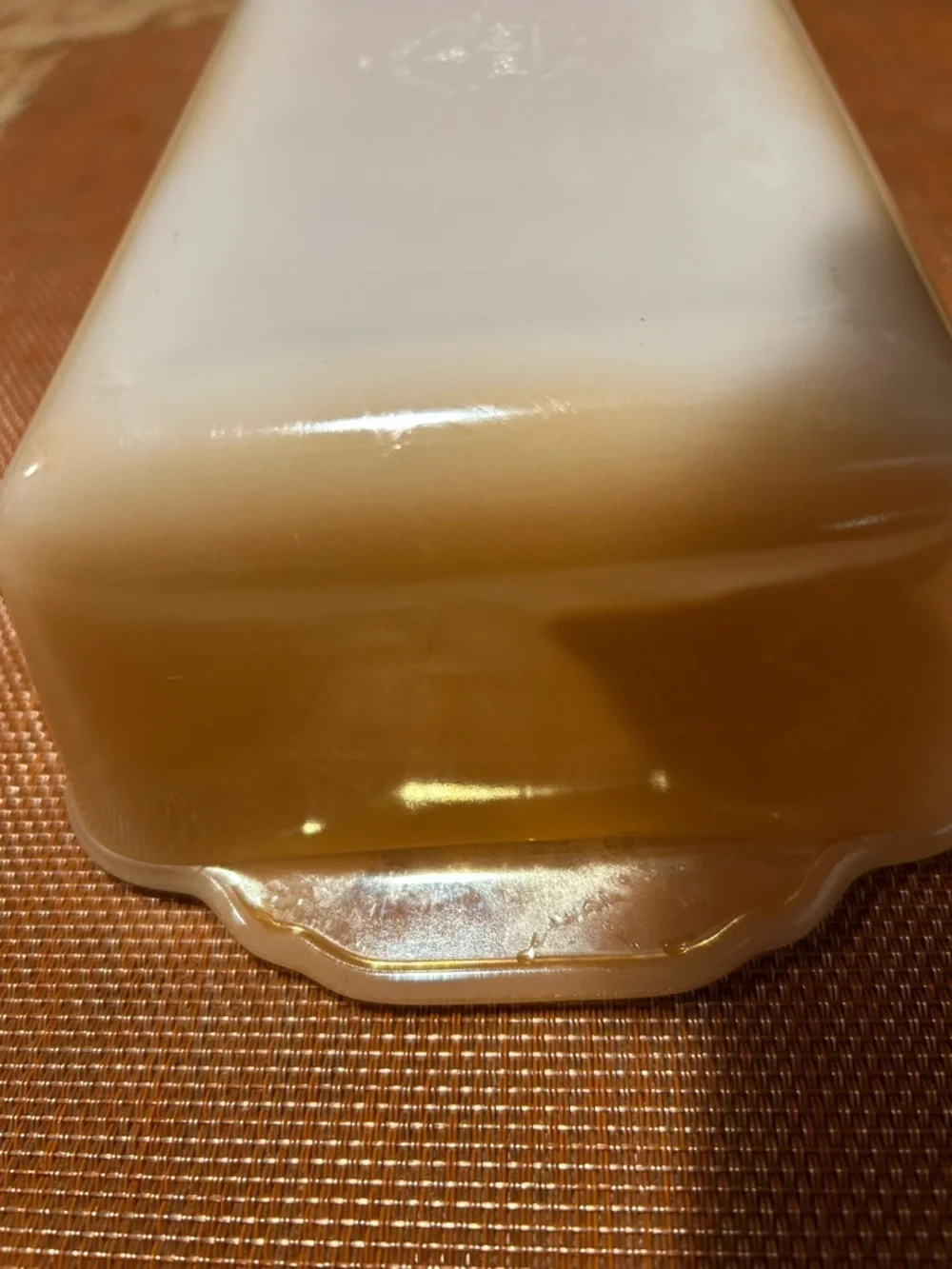 Fire King #409 Peach Lustre 1Qt. Loaf Baking Dish. 9” x 5” No chips or cracks.